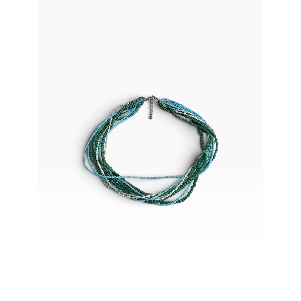Multi Strand Seed Bead Necklace Multicolor Teal Silver‎ Tone Boho Layered